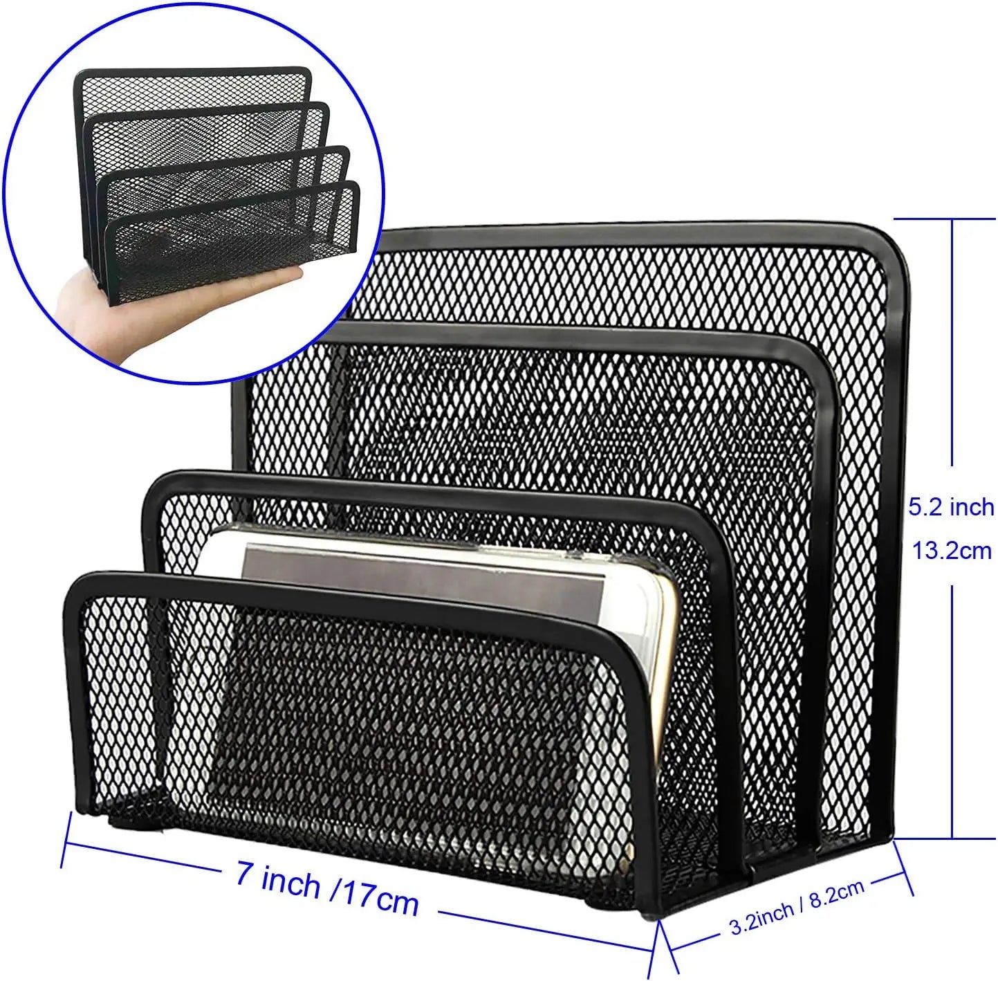 Desk Mail, Paper, File Organizer with 3 Metal Mesh Compartments for Home or Office Desktop