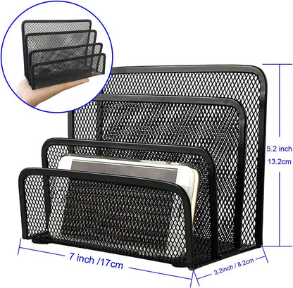 Desk Mail, Paper, File Organizer with 3 Metal Mesh Compartments for Home or Office Desktop