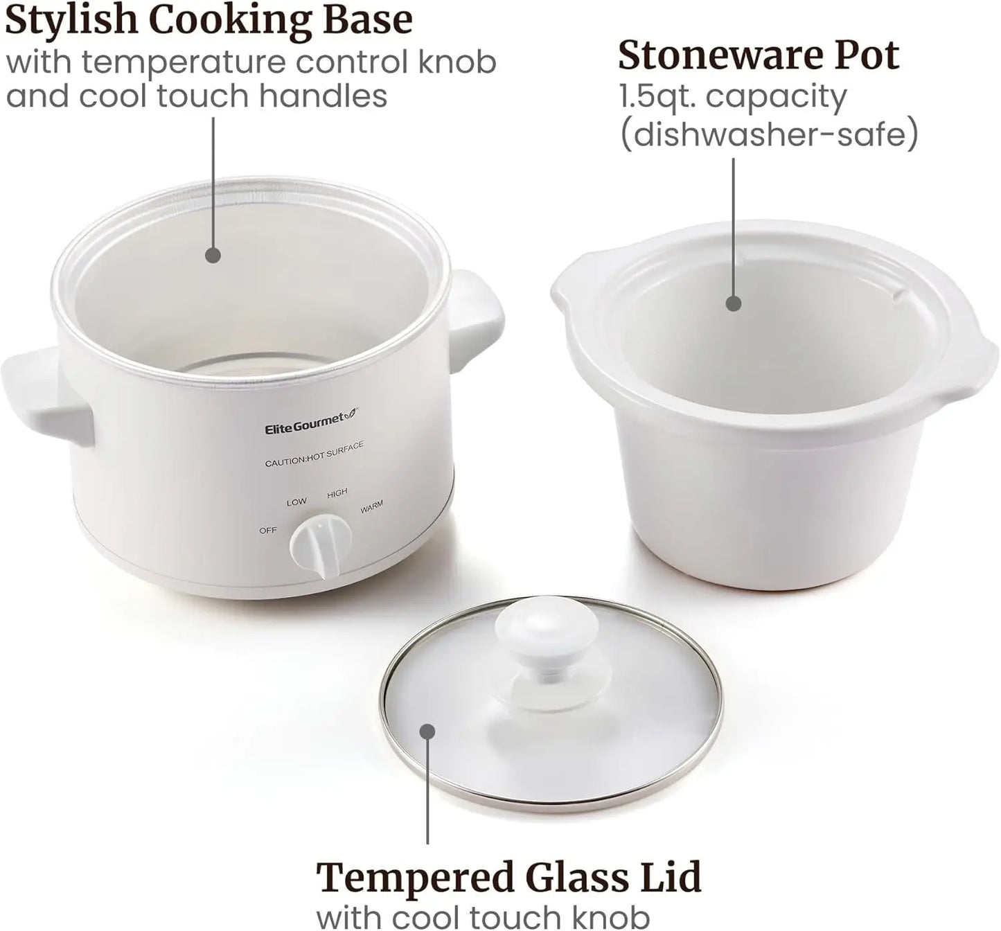 Electric Slow Cooker with Ceramic Pot, Adjustable Temp for Entrees, Sauces, Stews & Dips, Dishwasher Safe With Glass Lid