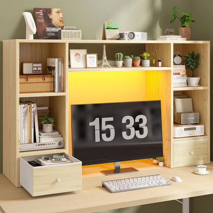 Desktop Bookshelf with LED Lights, 47.2" Desktop Organizer with 6 Shelves and 2 Drawers for Top of Desk, Multipurpose, Customized