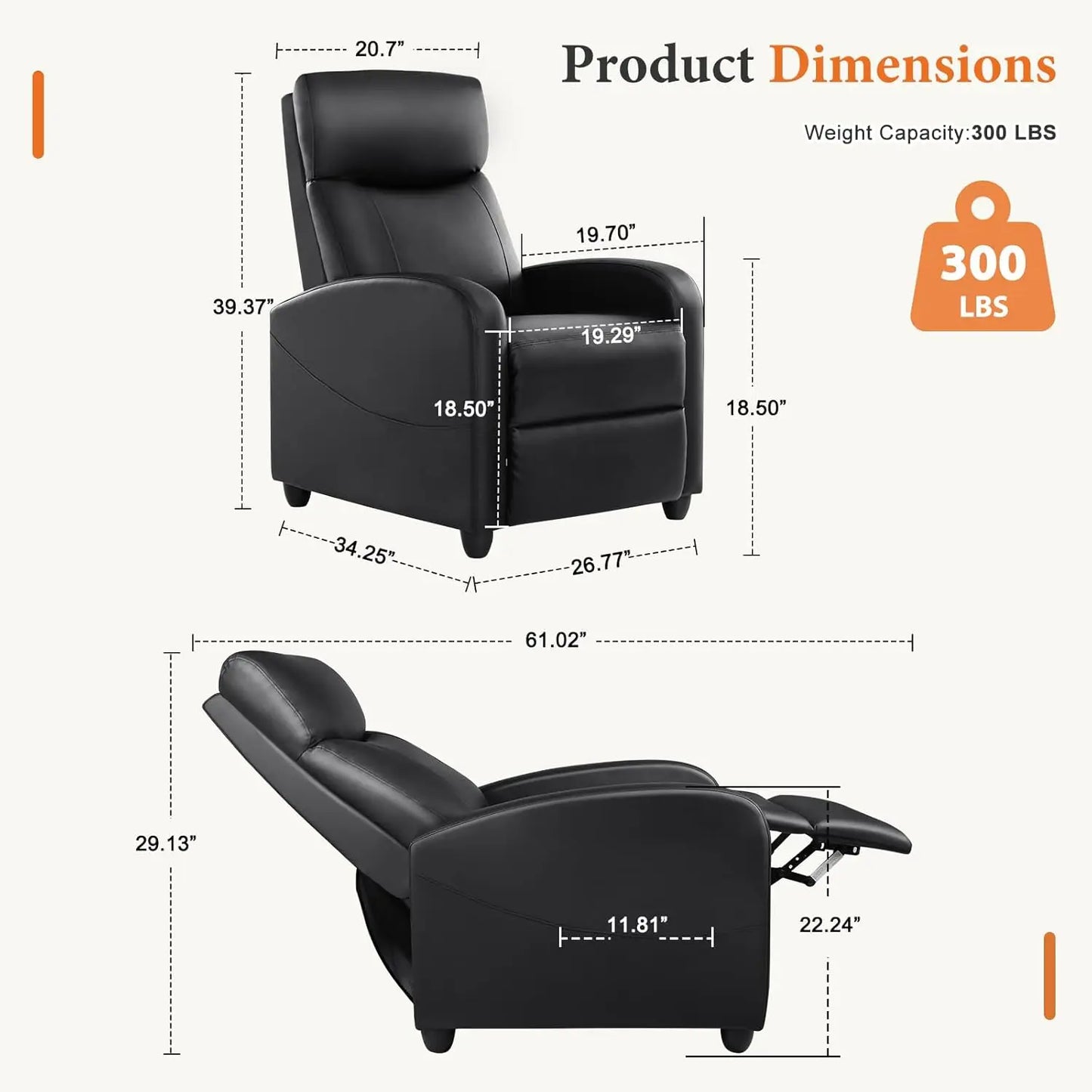 Adjustable Recliner Chair with Lumbar Support, PU Leather Sofa for Living Room, High-Density Sponge, Jet Black