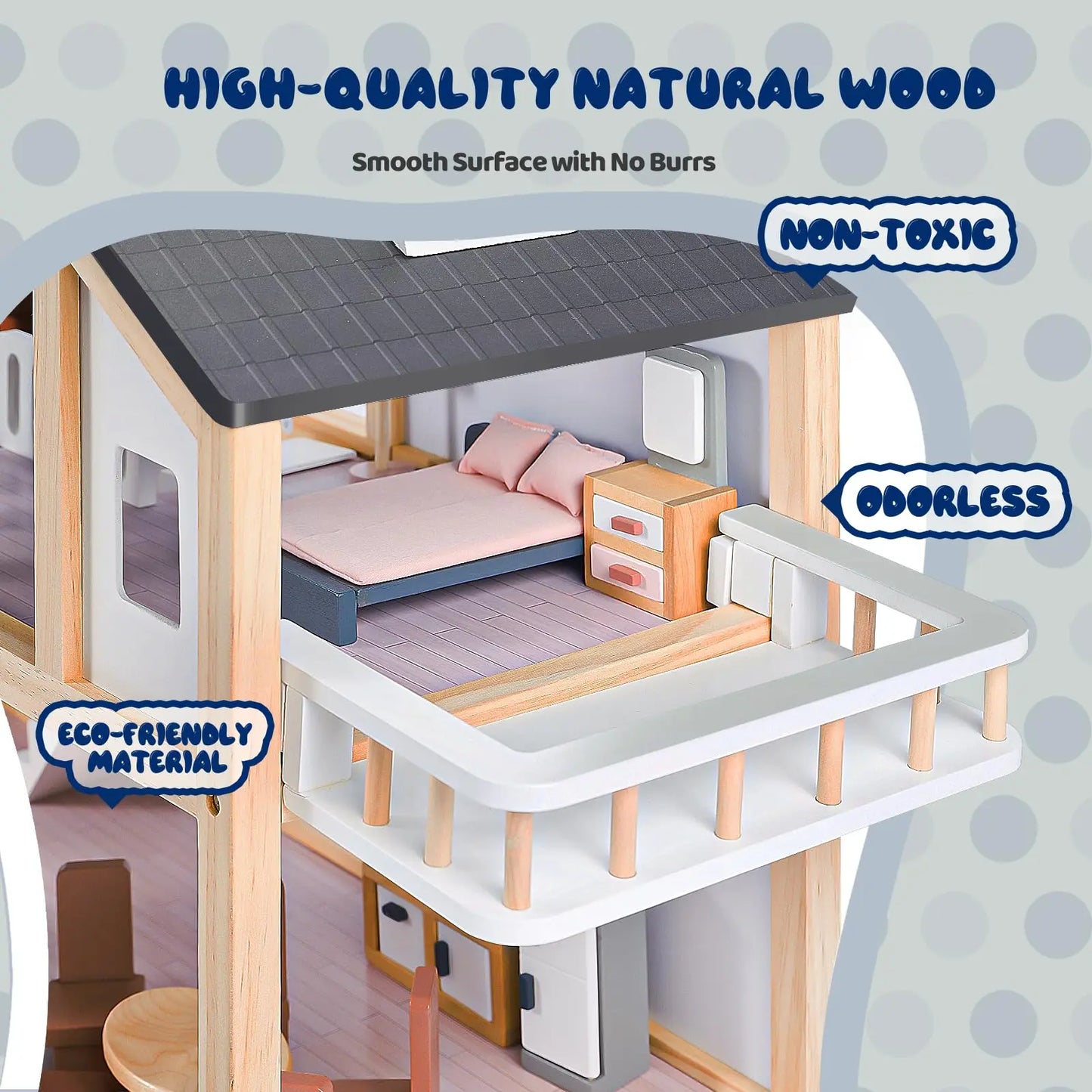 Large Wooden Dollhouse Kit with Realistic Furniture Design