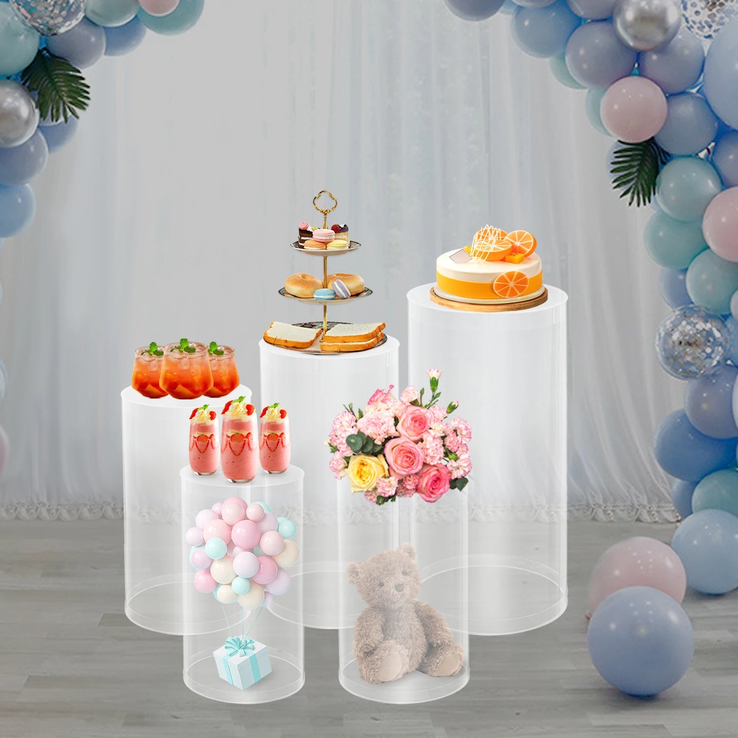 5 Pcs Acrylic Display Stand Set for Wedding Certificate Photo Holder, Clear Cylinder Pillar for Party Decor or Exhibition Table