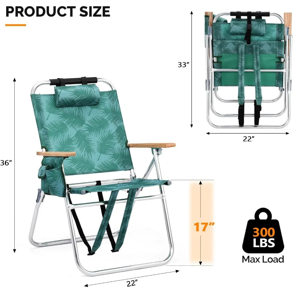 Lightweight 17" Backpack Beach Chair, Tall Beach Chairs for Adults, Portable with Adjustable Straps, 3-Position Customized