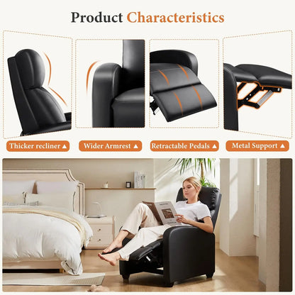 Adjustable Recliner Chair with Lumbar Support, PU Leather Sofa for Living Room, High-Density Sponge, Jet Black