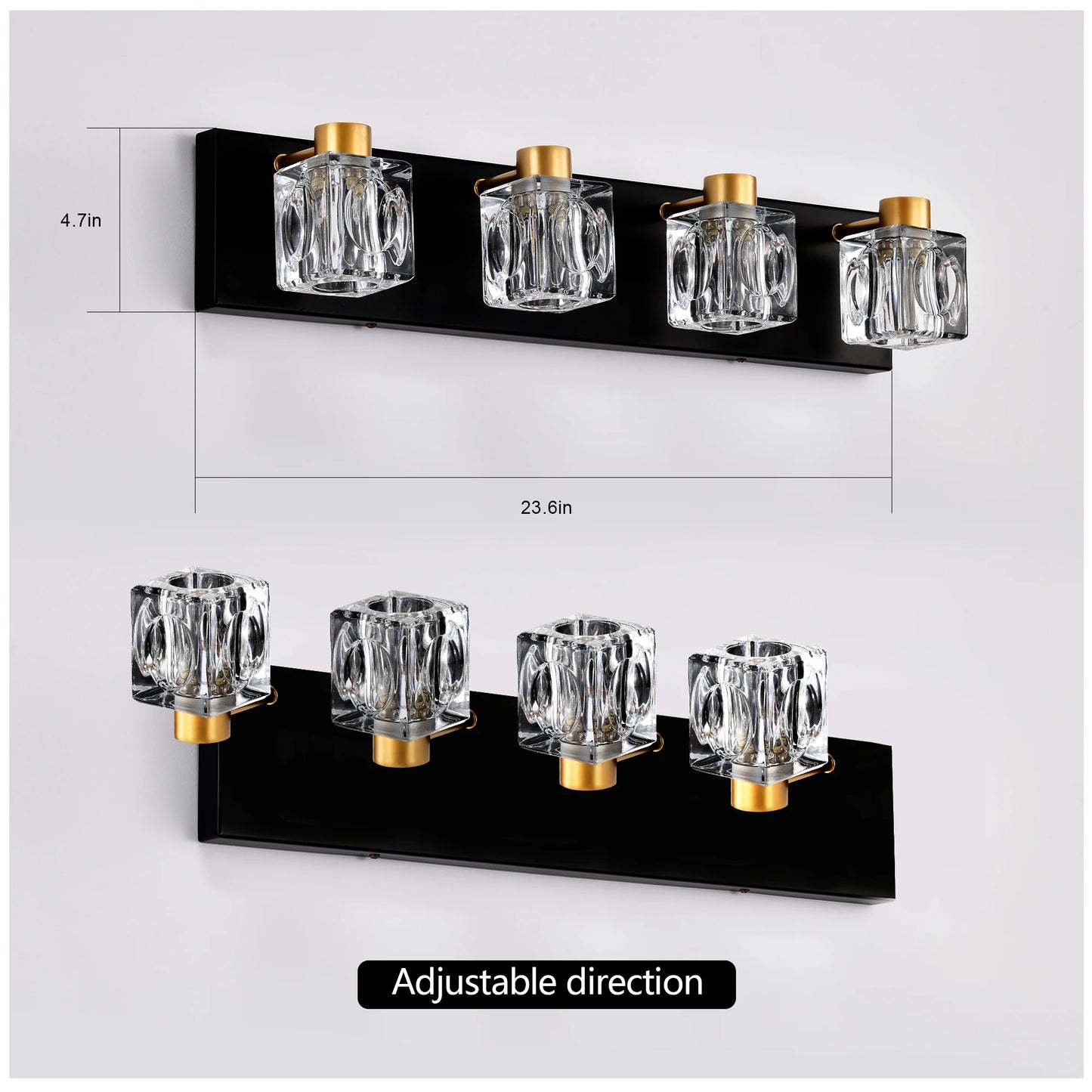 4-Light Matte Black + Gold Bathroom Light Fixtures, with Crystal Glass Shades