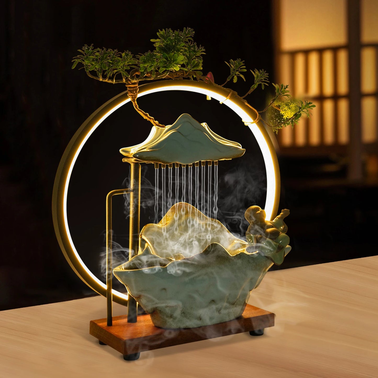 Tabletop Ceramic Fountain With Lights and Pump Free Standing 35*13*37cm for Living Room, or Office