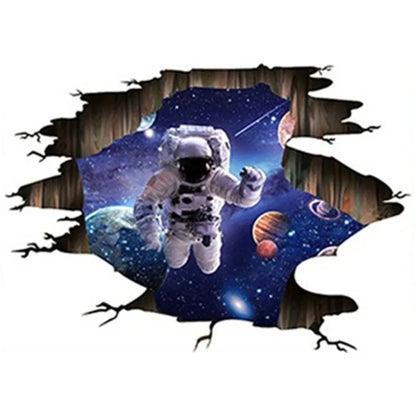 3D Space Astronaut Vinyl Broken Wall Stickers Starry Planet Design Art Mural for Kids Room or Ceiling