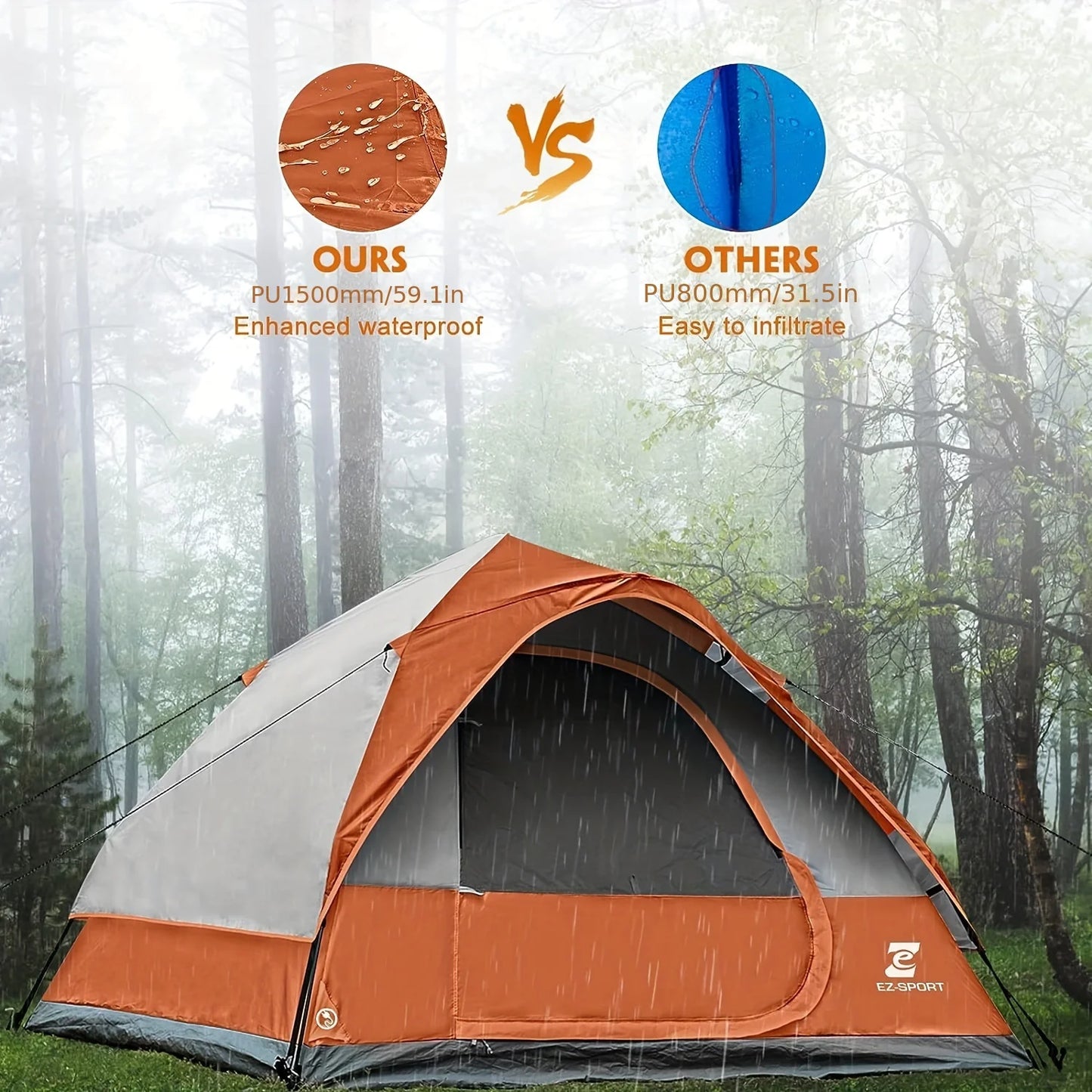 4 Person Pop Up Camping Tent Waterproof, Windproof with Removable Rain Fly