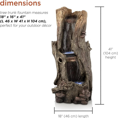 Outdoor Rainforest Tree Trunk Waterfall Floor Fountain with LED Lights, Garden Décor, 41" H, Brown