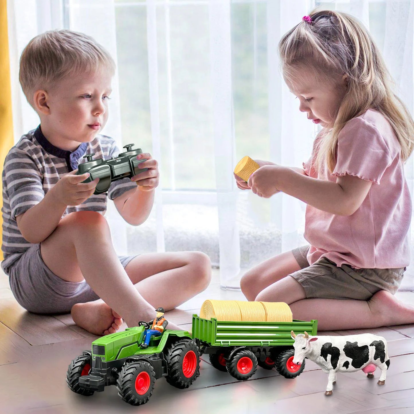 Remote Control Farm Tractor Toy - Realistic RC Farming Vehicle, Multi-Part Rechargeable Tractor for Kids