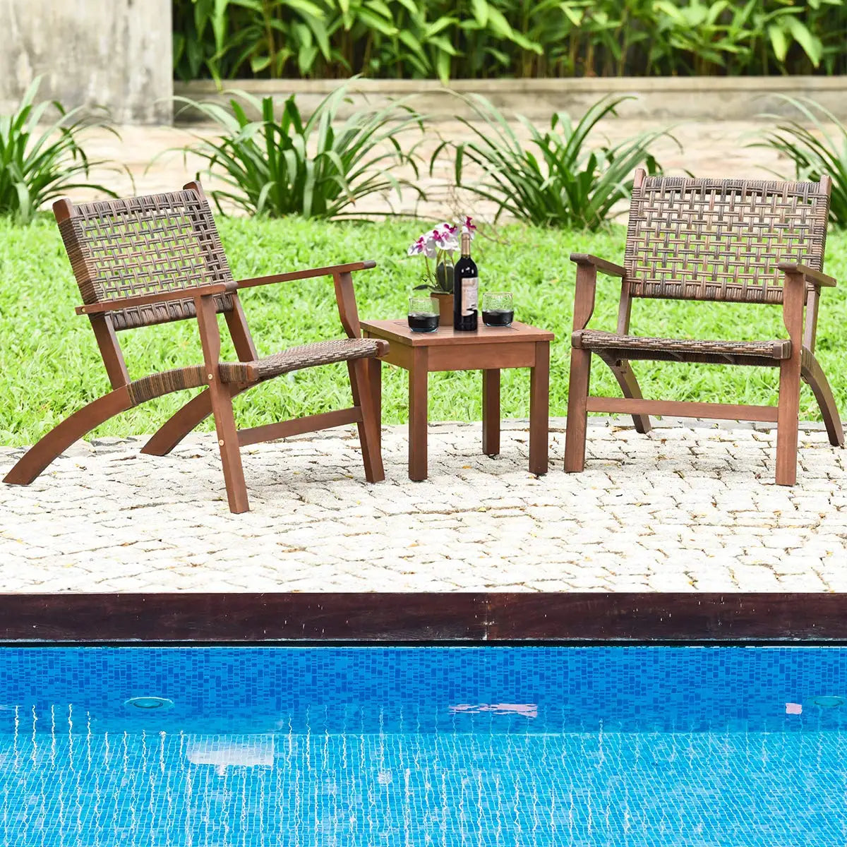 3 Pieces Solid Eucalyptus Wood Frame Outdoor Wicker Furniture Bistro Set with Coffee Table, Rattan Furniture