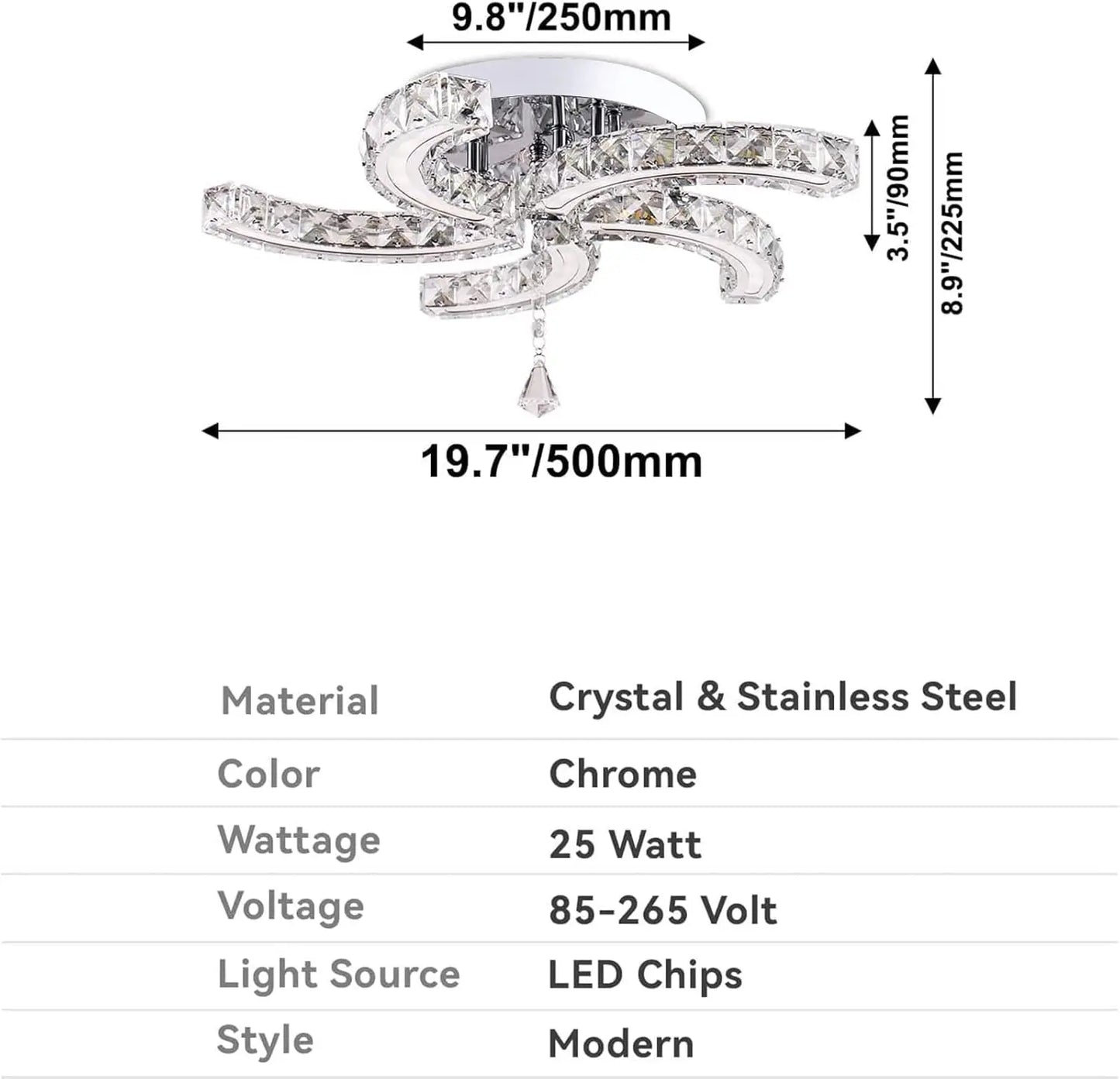 19.7" Dimmable Crystal Semi Flush Mount 5-Light LED Modern Chandelier with Remote