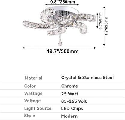 19.7" Dimmable Crystal Semi Flush Mount 5-Light LED Modern Chandelier with Remote
