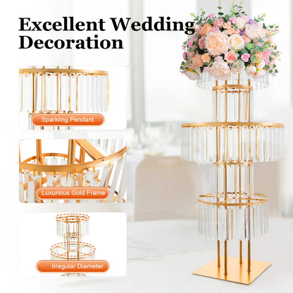 Gold/Silver 5 Tier Wedding Centerpiece 110cm Acrylic Crystal Flower Vase Rack for Floor Table Decor Display Holder,