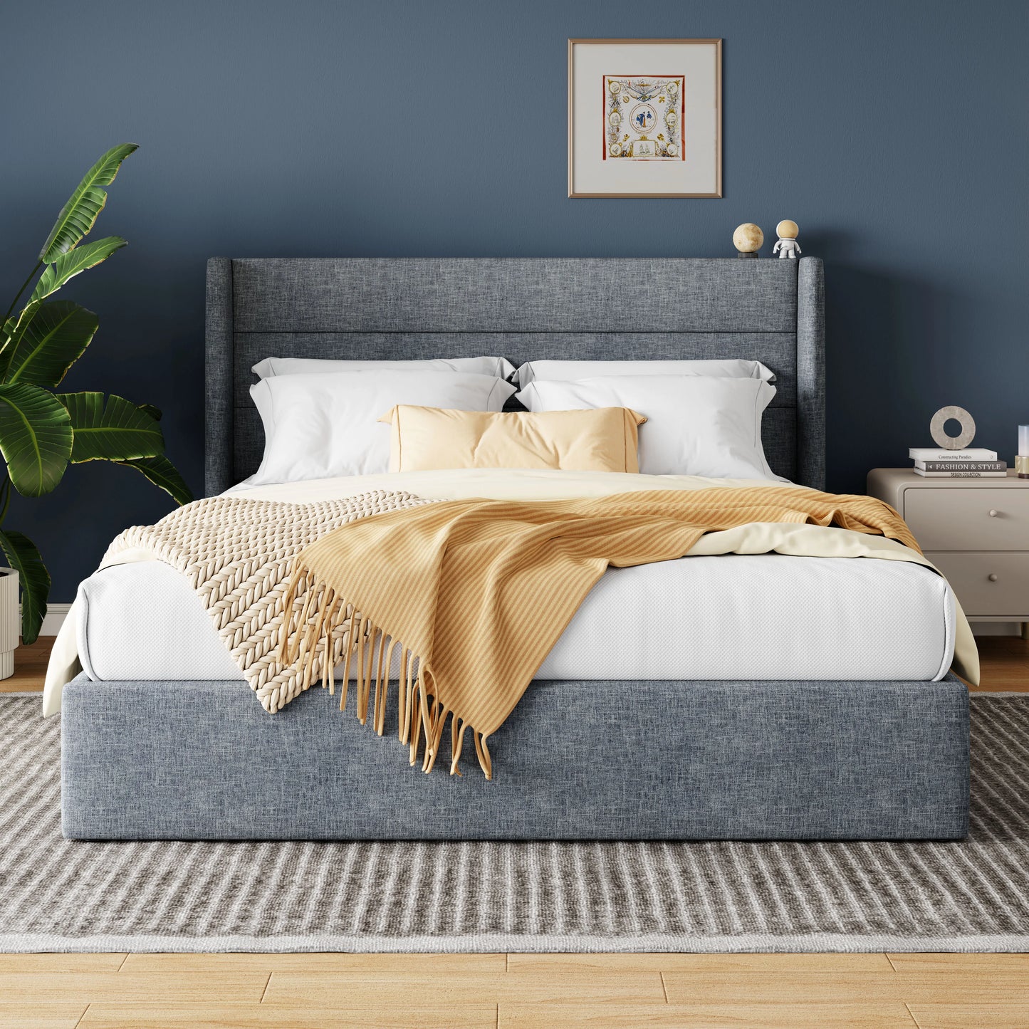 Heavy-Duty Hydraulic Lift Up Storage Bed with Wingback Headboard