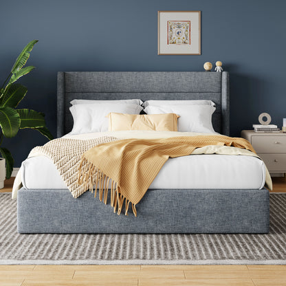 Heavy-Duty Hydraulic Lift Up Storage Bed with Wingback Headboard