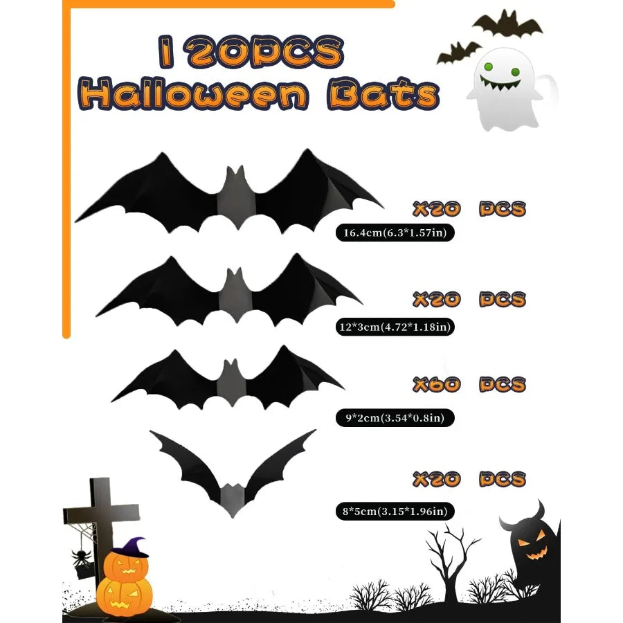 120pcs Halloween Bats Decorations for Outdoor and Indoor Use 3D Bat Stickers Ideal for Wall, Window, Home