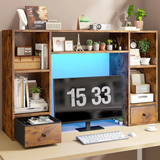 Desktop Bookshelf with LED Lights, 47.2" Desktop Organizer with 6 Shelves and 2 Drawers for Top of Desk, Multipurpose, Customized