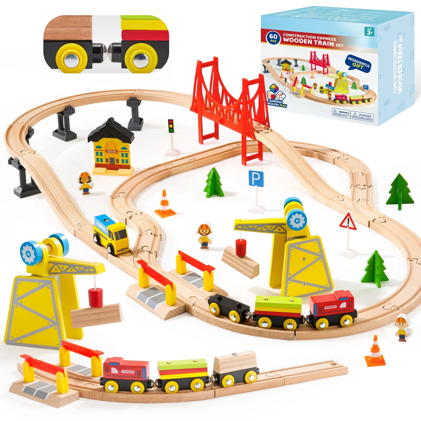 60 Pcs Kids Train Toy With Wooden Tracks & 6 Magnetic Trains Expandable Train Set for Toddlers