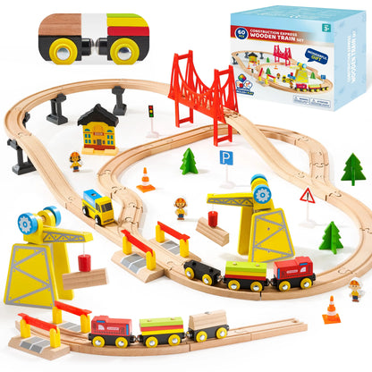 60 Pcs Kids Train Toy With Wooden Tracks & 6 Magnetic Trains Expandable Train Set for Toddlers