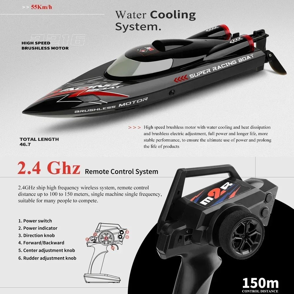 RC Boat 2.4Ghz 55KM/H Brushless High Speed Racing Ship For Adults with 2 Batteries