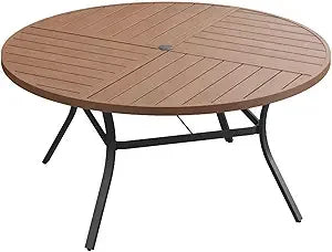 Outdoor Patio Round Dining Table for 6, 49.9" x 49.9" Metal Sleek Slat Dining Table with Umbrella Hole for Lawn Garden Deck Back