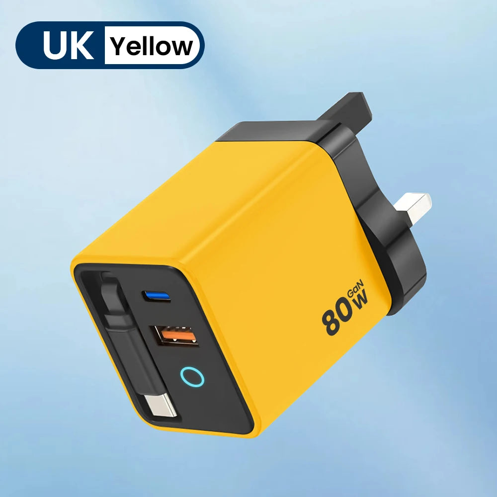 80W Super Fast Charge Type C USB Phone Charger With Telescopic USB C Cable For Iphone 16 15, Samsung, Laptop, With Light