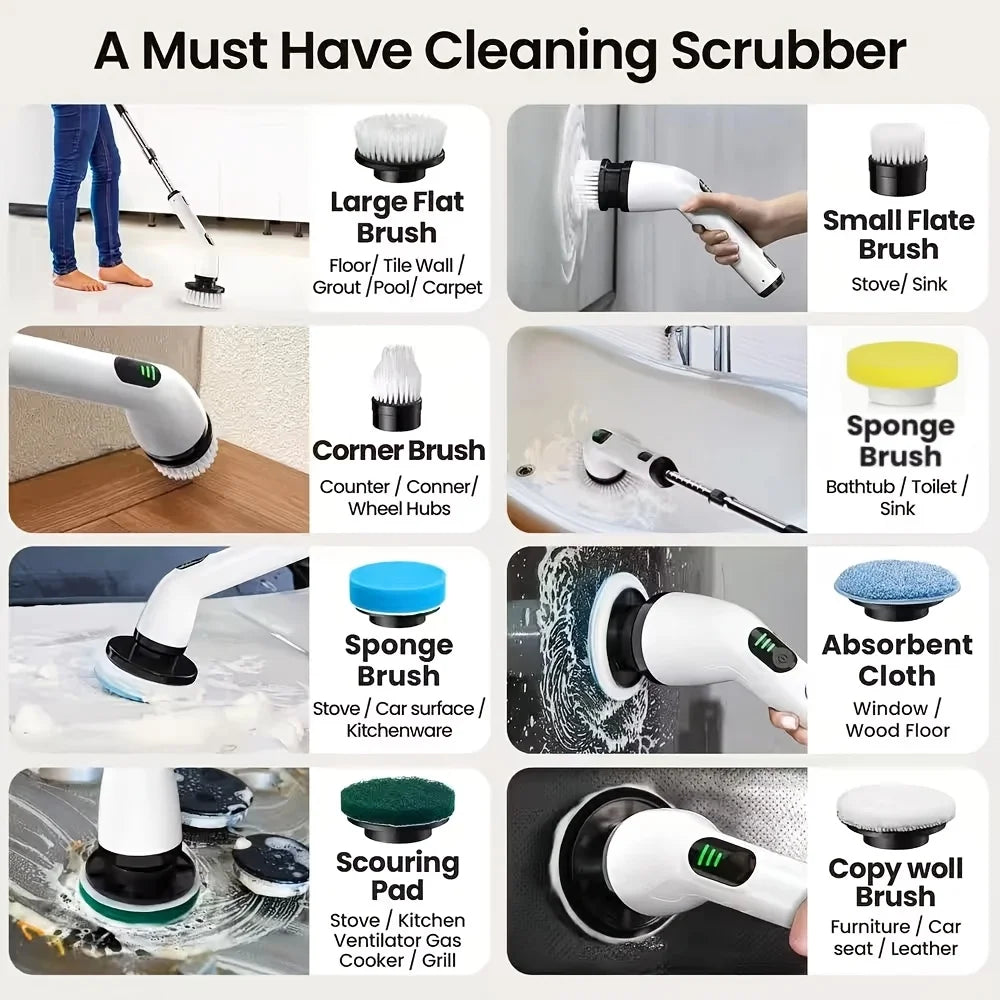 9-in-1 USB Rechargeable Electric Cleaning Brush With Telescopic Handle and 8 Brush Heads Multi-Surface Cleaner