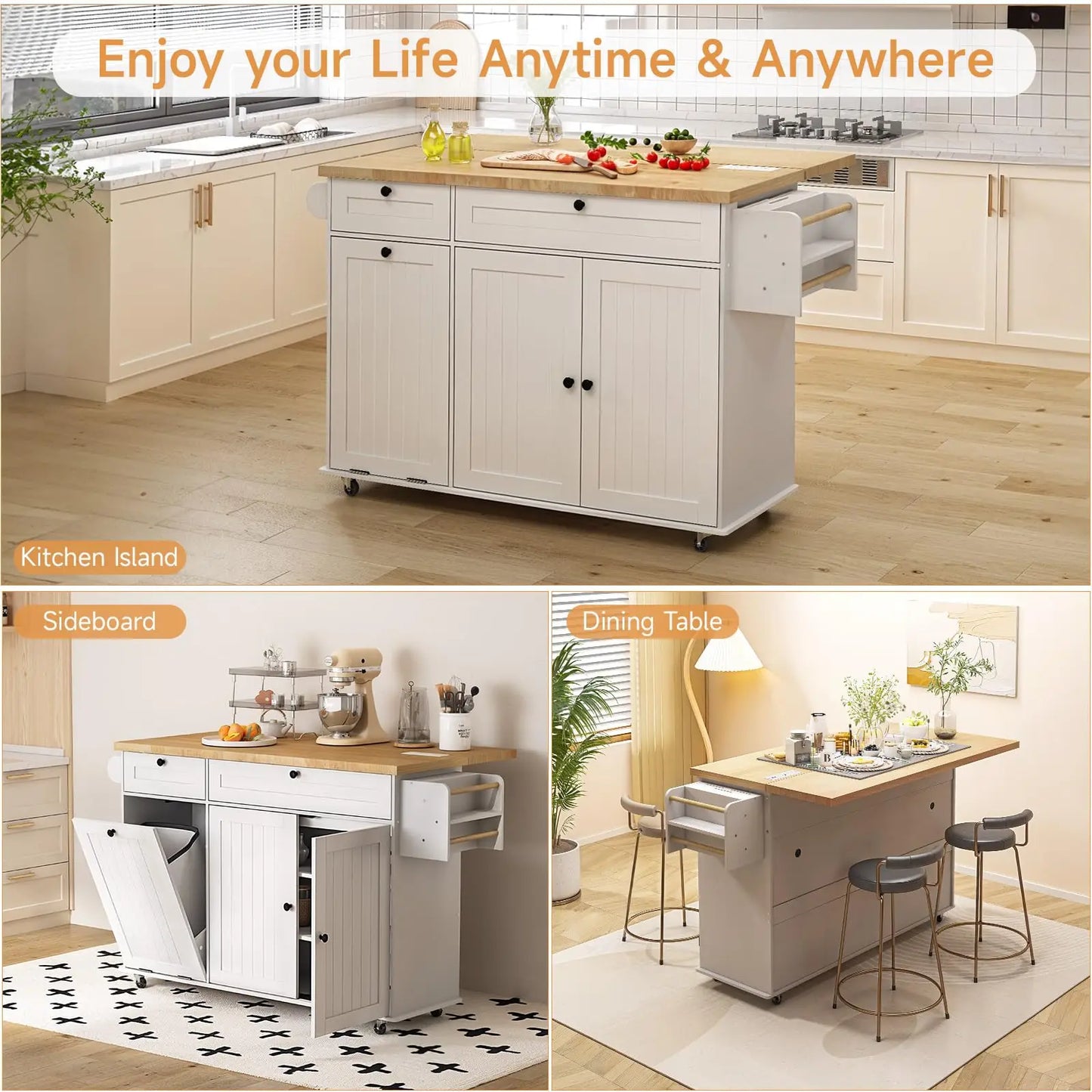 60 inch Mobile Kitchen Island, Rolling Trolley.  Drop Leaf Table Home Cart with Power Outlet, Spice, Towel Rack and Trash Bin
