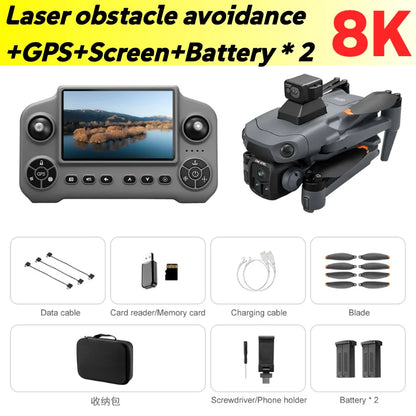 RC Quadcopter with LCD Screen Remote Control Drone Laser Obstacle Avoidance 8K GPS Professional Camera