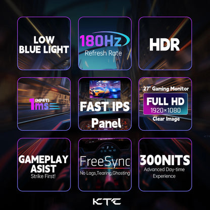 27 inch Gaming Monitor 180hz 1ms | Fast IPS Screen 1080p Monitor, 2 x HDMI 2.0 & 1 x DisplayPort 1.4 Support Freesync