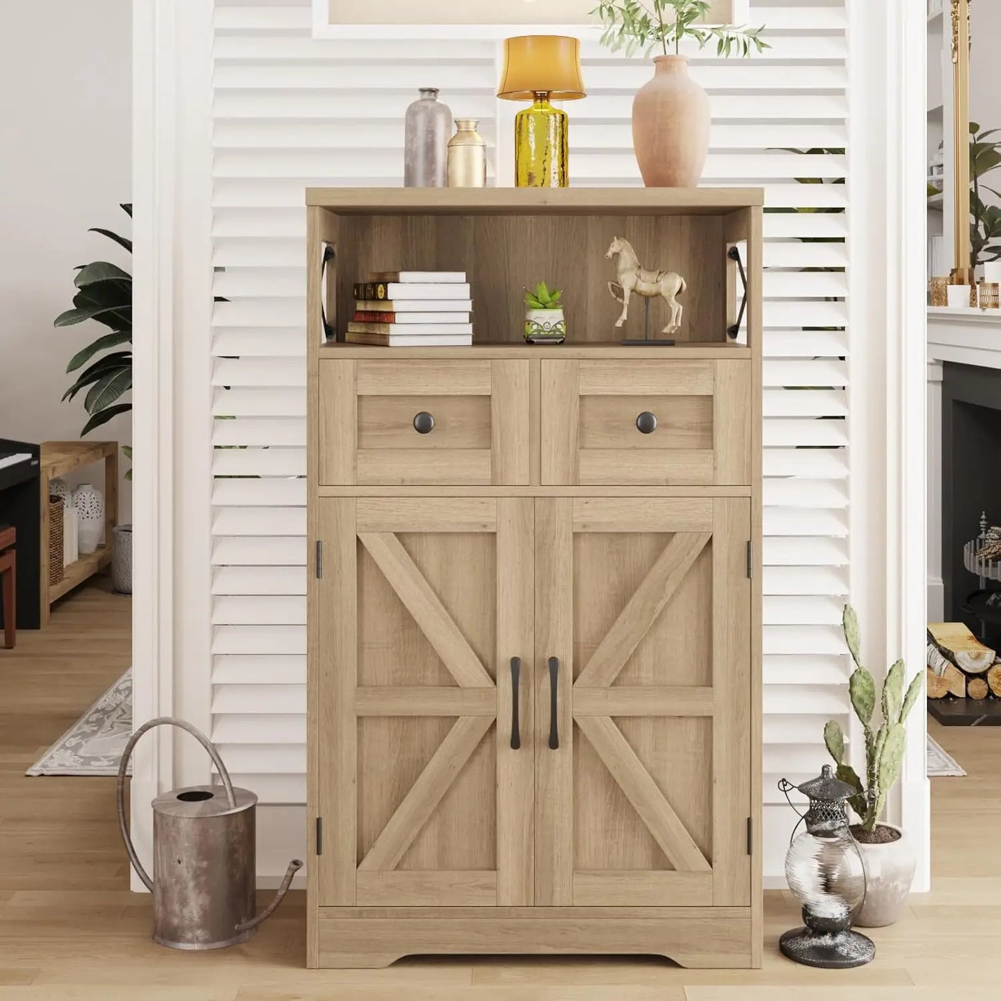 Natural Wood Storage Cabinet with Drawers and Shelves Standing Kitchen Pantry Cabinet for Home or Office