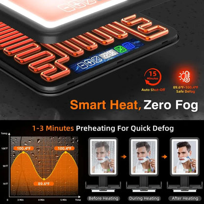 LED Heated Rechargeable Fogless Mirror for Shower with Digital Clock and Storage Tray
