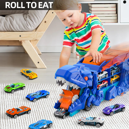 Blue Track Set Devour Dinosaur Transporter Truck With 10 Die-Cast Car Toys