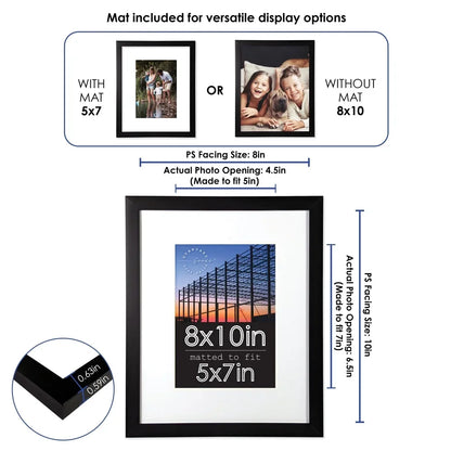 5-Pack Matted Black Picture Frames in 5x7 or 8x10 Tabletop or Wall Displays