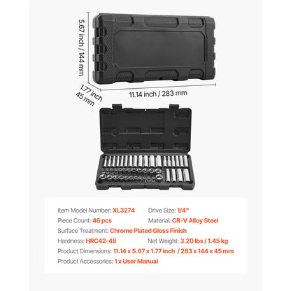 Socket Set 86 Pieces 1/4," 3/8," and 1/2inch SAE and Metric Socket and Ratchet Set