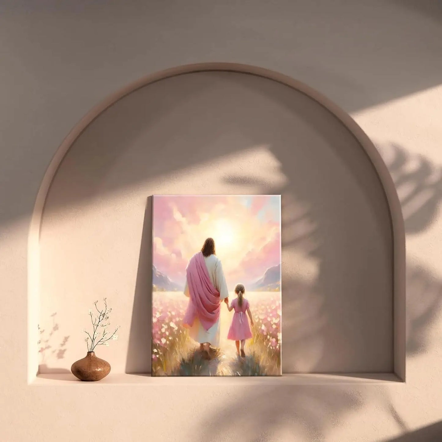 Jesus & Girl Walking Canvas Art - Christian Wall Decor with "The Way He Leads" Concept, "I Will Walk with Christ" Poster Print