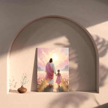 Jesus & Girl Walking Canvas Art - Christian Wall Decor with "The Way He Leads" Concept, "I Will Walk with Christ" Poster Print