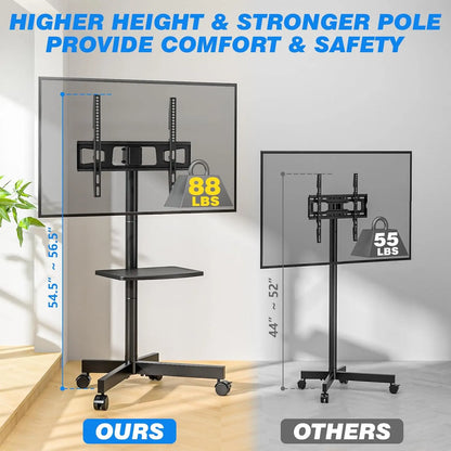 Universal Rolling TV Stand with Shelf for 23-65 inch TVs up to 88lbs, Adjustable Height & Tilt, Silent Wheels
