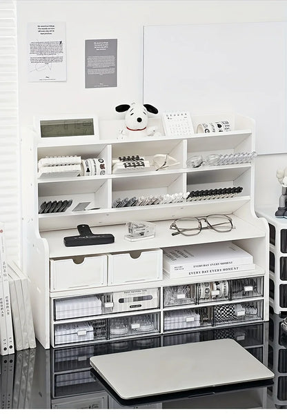 1PC, 2-Tier Desk Organizer & Drawer Storage With Tilt Pen Holder and Raised Bookshelf
