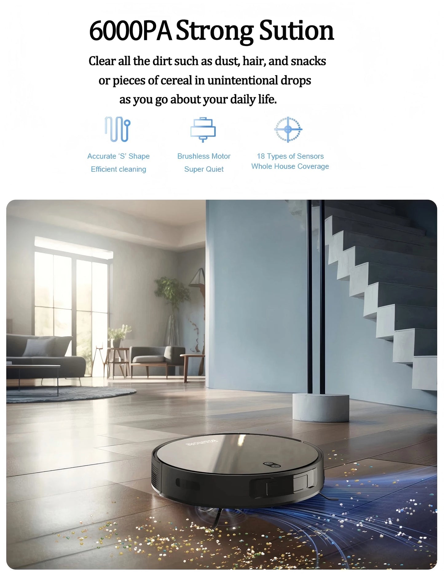 Robot Vacuum Cleaner Combo and Mop - 6000PA Strong Suction  Robotic App & Remote Control Self-Charging Smart Mapping for Pet Hair