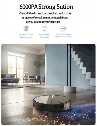 Robot Vacuum Cleaner Combo and Mop - 6000PA Strong Suction  Robotic App & Remote Control Self-Charging Smart Mapping for Pet Hair