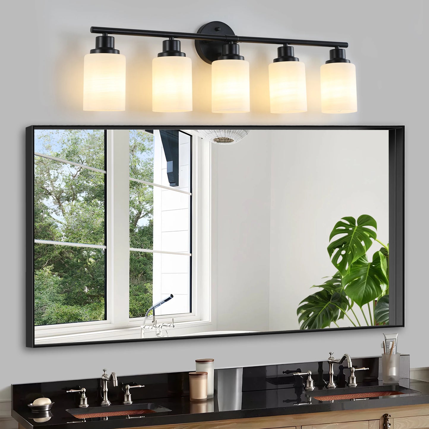 Modern 4/5/6 Vanity Bathroom Mirror Lights, With Frosted White Glass Lampshades and Black Iron Frame