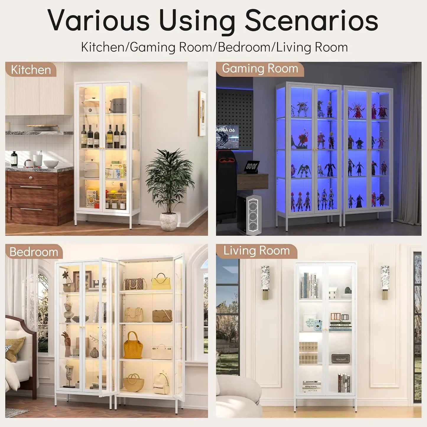 Display Cabinet with 3 Color LED Lights and Tempered Glass, 66 Inch Tall With 3 Sided Glass, White