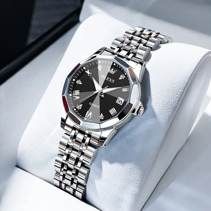 Ladies Waterproof Stainless Steel Luminous Dial and Date Quartz Watch