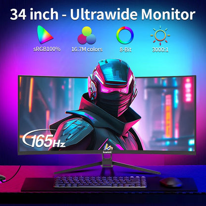 34 Inch Ultrawide Curved Gaming Monitor, 1500R PC Screen 165hz UWQHD 4K, with FreeSync