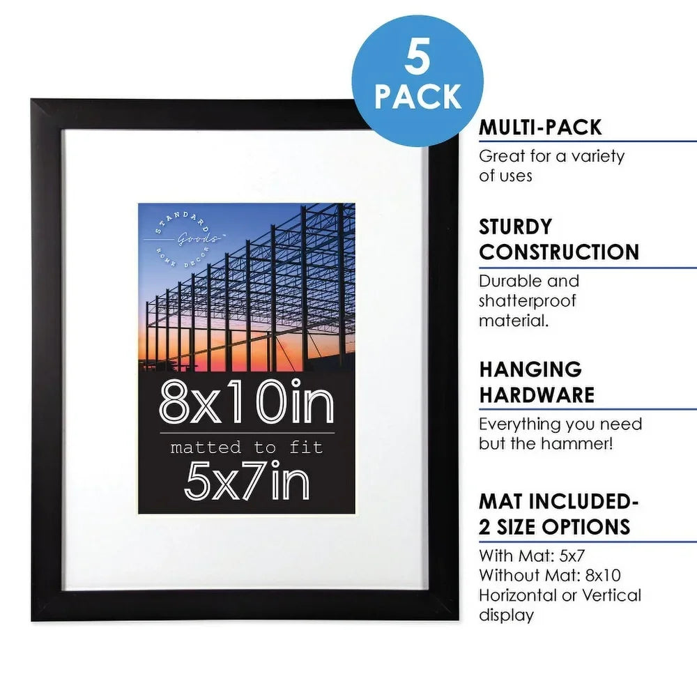 5-Pack Matted Black Picture Frames in 5x7 or 8x10 Tabletop or Wall Displays
