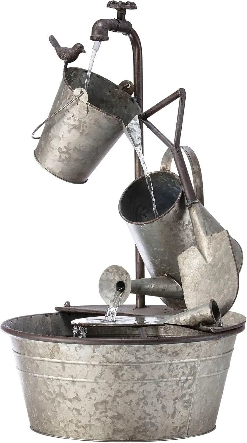 3-Tiered Metal Garden Fountain with Waterfall, Tools and Faucet, 28" Tall Gray