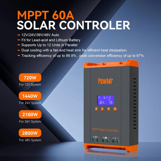 60A MPPT Solar Charge Controller Can Parallel 12PC Charging 12V 24V 36V 48V LifePo4 Battery Max 160VDC Solar Panel